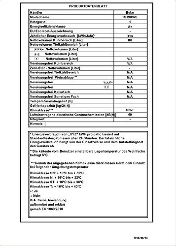 Beko TS 190020 Kühlschrank / A+ / 118 kWh/Jahr / Kühlteil: 88 L / Weiß / Unterbaufähig / Glasablagen - 