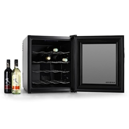 Klarstein MKS-1 Weinkühlschrank Mini-Kühlschrank Getränkekühlschrank (48 Liter, 16 Flaschen, Glas-Panorma-Tür, Touch-Bedienung, LED-Innen-Beleuchtung, leise 30db) schwarz -