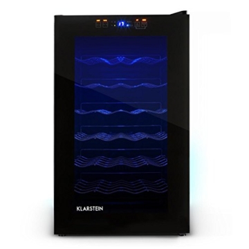 Klarstein MKS-2 Weinkühlschrank Getränkekühlschrank (70 Liter, 28 Flaschen, 6 Regaleinschübe, Touchpad-Steuerung, blaue LED-Beleuchtung) schwarz -