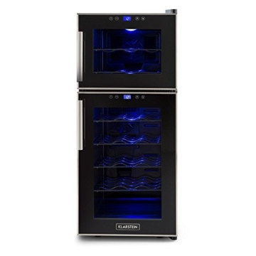 Klarstein Reserva 21 Weinkühlschrank Getränkekühlschrank (2 programmierbare Kühlzonen, 56 Liter, 21 Flaschen, Touch-Bediensektion, LCD-Display, blaue LED-Innenbeleuchtung) schwarz -