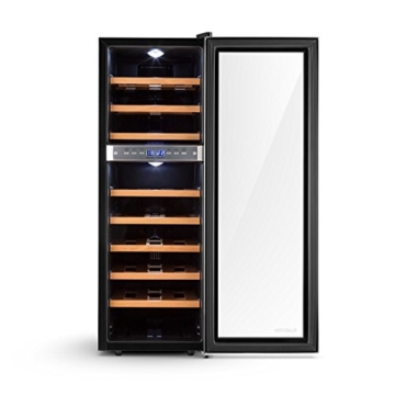 Klarstein Reserva 27D Weinkühlschrank Getränkekühlschrank (76 Liter, 27 Flaschen, 2 Zonen, 8 Holz-Einschübe, LCD-Display) mattschwarz - 