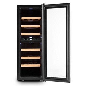 Klarstein Reserva Duett 12 Weinkühlschrank Getränkekühlschrank (65 Liter, 21 Flaschen, 2 Kühlzonen, LED-Beleuchtung, 6 Holz-Einschübe, LCD-Display) silber - 