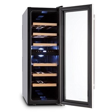 Klarstein Reserva Duett 12 Weinkühlschrank Getränkekühlschrank (65 Liter, 21 Flaschen, 2 Kühlzonen, LED-Beleuchtung, 6 Holz-Einschübe, LCD-Display) silber - 