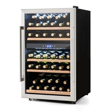 Klarstein Vinamour 40D Weinkühlschrank Getränkekühlschrank Kühlschrank (2 Kühlzonen, 135 Liter Volumen, bis zu 41 Flaschen, LCD-Anzeige, Touch-Bediensektion, Edelstahlfront) silber - 