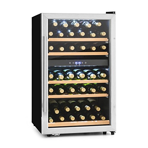 Klarstein Vinamour 40D Weinkühlschrank Getränkekühlschrank Kühlschrank (2 Kühlzonen, 135 Liter Volumen, bis zu 41 Flaschen, LCD-Anzeige, Touch-Bediensektion, Edelstahlfront) silber -