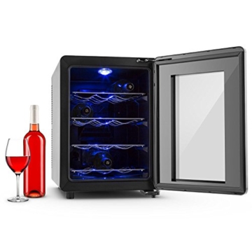 Klarstein Vinovista Weinkühlschrank Getränkekühlschrank (33 Liter, 12 Flaschen, 4 Etagen, blaue Innenbeleuchtung, LED-Display) schwarz - 