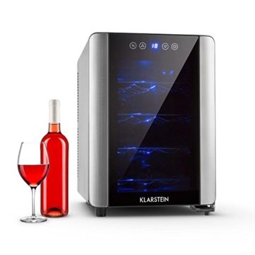 Klarstein Vinovista Weinkühlschrank Getränkekühlschrank (33 Liter, 12 Flaschen, 4 Etagen, blaue Innenbeleuchtung, LED-Display) schwarz - 