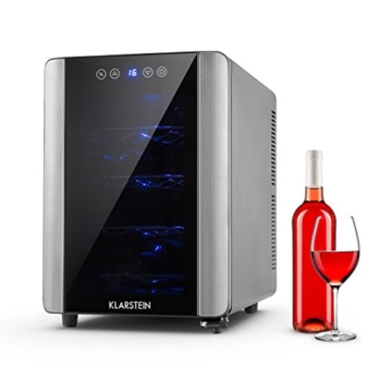 Klarstein Vinovista Weinkühlschrank Getränkekühlschrank (33 Liter, 12 Flaschen, 4 Etagen, blaue Innenbeleuchtung, LED-Display) schwarz - 