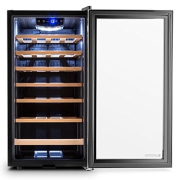 Klarstein Vivo Vino 26 Weinkühlschrank Getränkekühlschrank Weintemperierschrank (88 Liter, 26 Flaschen, Holz-Regaleinschübe, Glastür, LCD-Display, Innenbeleuchtung) schwarz-silber - 