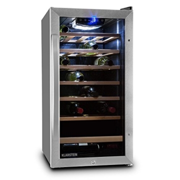 Klarstein Vivo Vino 26 Weinkühlschrank Getränkekühlschrank Weintemperierschrank (88 Liter, 26 Flaschen, Holz-Regaleinschübe, Glastür, LCD-Display, Innenbeleuchtung) schwarz-silber - 