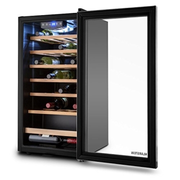 Klarstein Vivo Vino 26 Weinkühlschrank Getränkekühlschrank Weintemperierschrank (88 Liter, 26 Flaschen, Holz-Regaleinschübe, Glastür, LCD-Display, Innenbeleuchtung) schwarz-silber - 