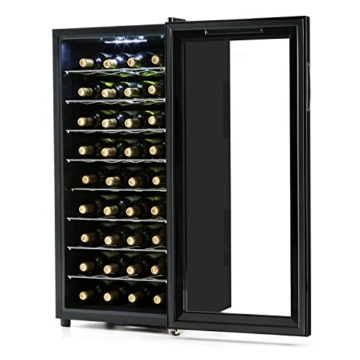 Klarstein Vivo Vino Weinkühlschrank Getränkekühlschrank (118 Liter, 36 Flaschen, thermoelektrisch, doppelt isolierte Glastür, 8 Regaleinschübe) schwarz - 