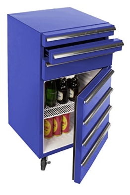 Mini-Kühlschrank für Getränke im retro Werkstattwagen-Look | blau, fahrbar, innovativ, stromsparend | exklusiver Werkstattwagen mit intigriertem Kühlschrank auf Rollen ohne Gefrierfach | Gastro Cool | 3-Schubladen -